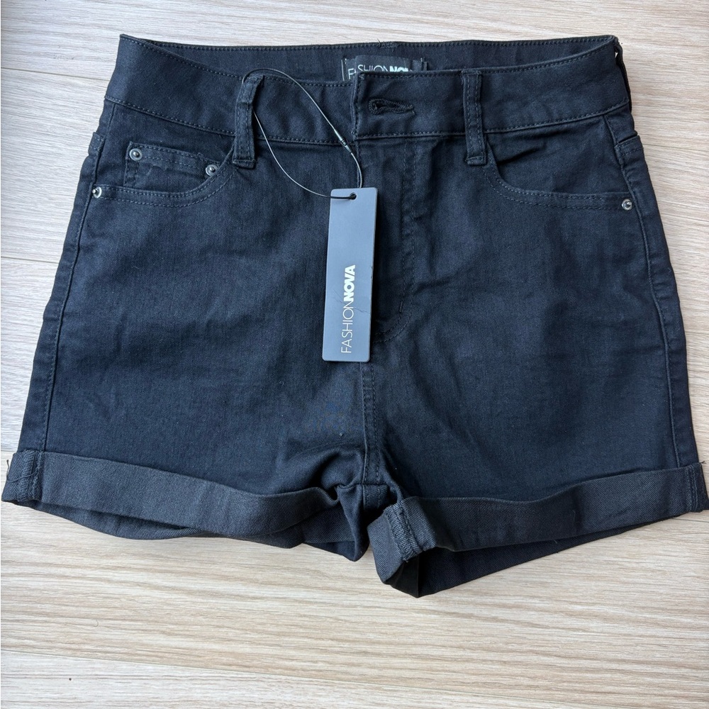 Black Cuffed High-Rise Jean Shorts